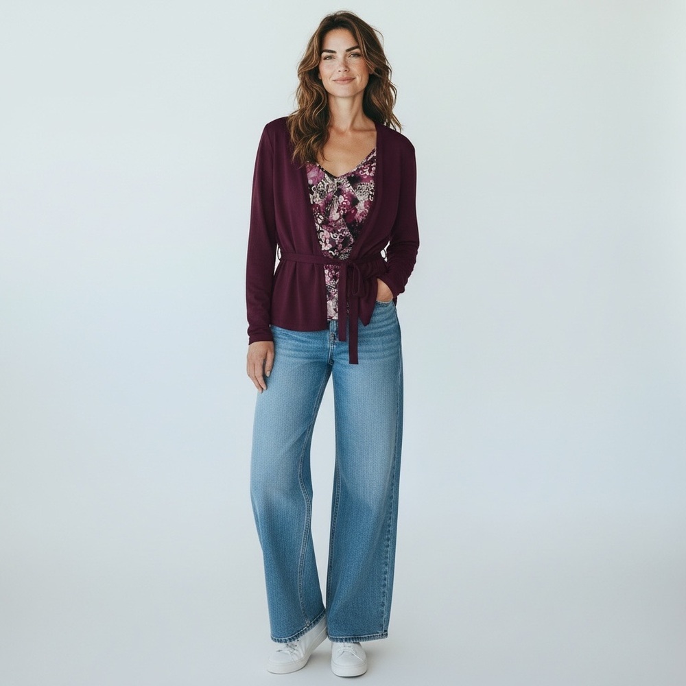 New Covington Burgundy Pink blouse Cardigan Ruffle Front
Lace Print - Picture 2 of 9